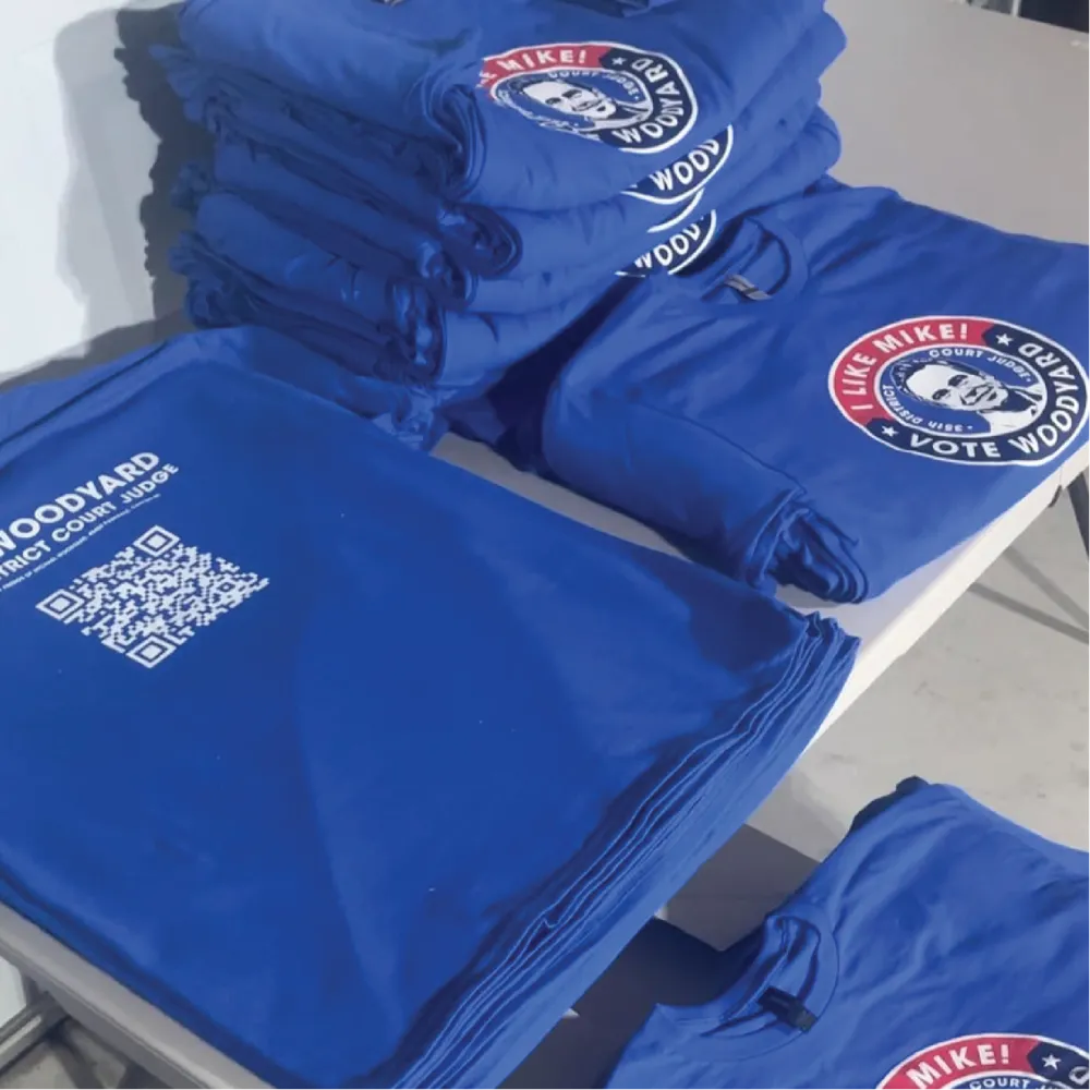 Royal blue campaign t-shirts with full-color logo and QR code print